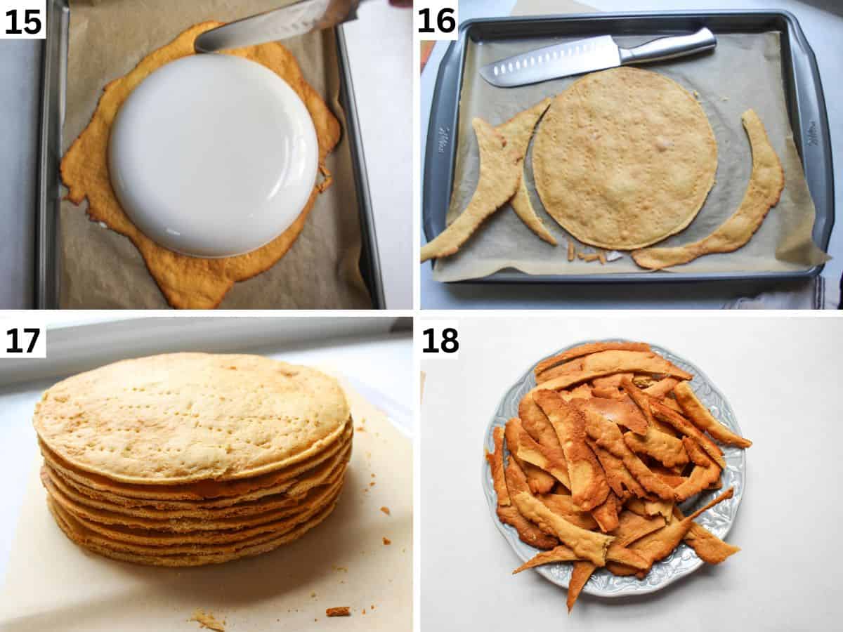 Cutting out baked layers into circles, stacking them and saving the baked scraps on a separate plate. 