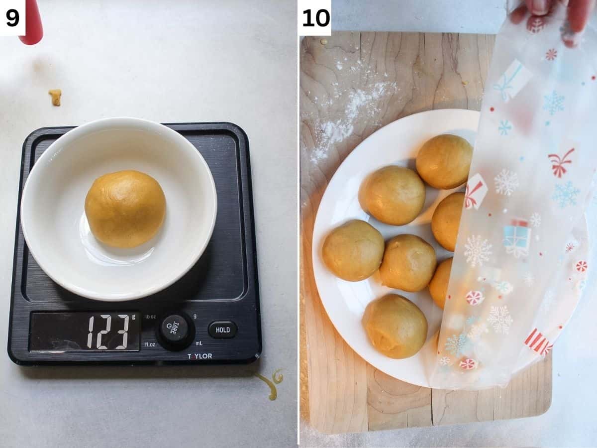 Weighting the dough and forming 8 dough balls for layers. 