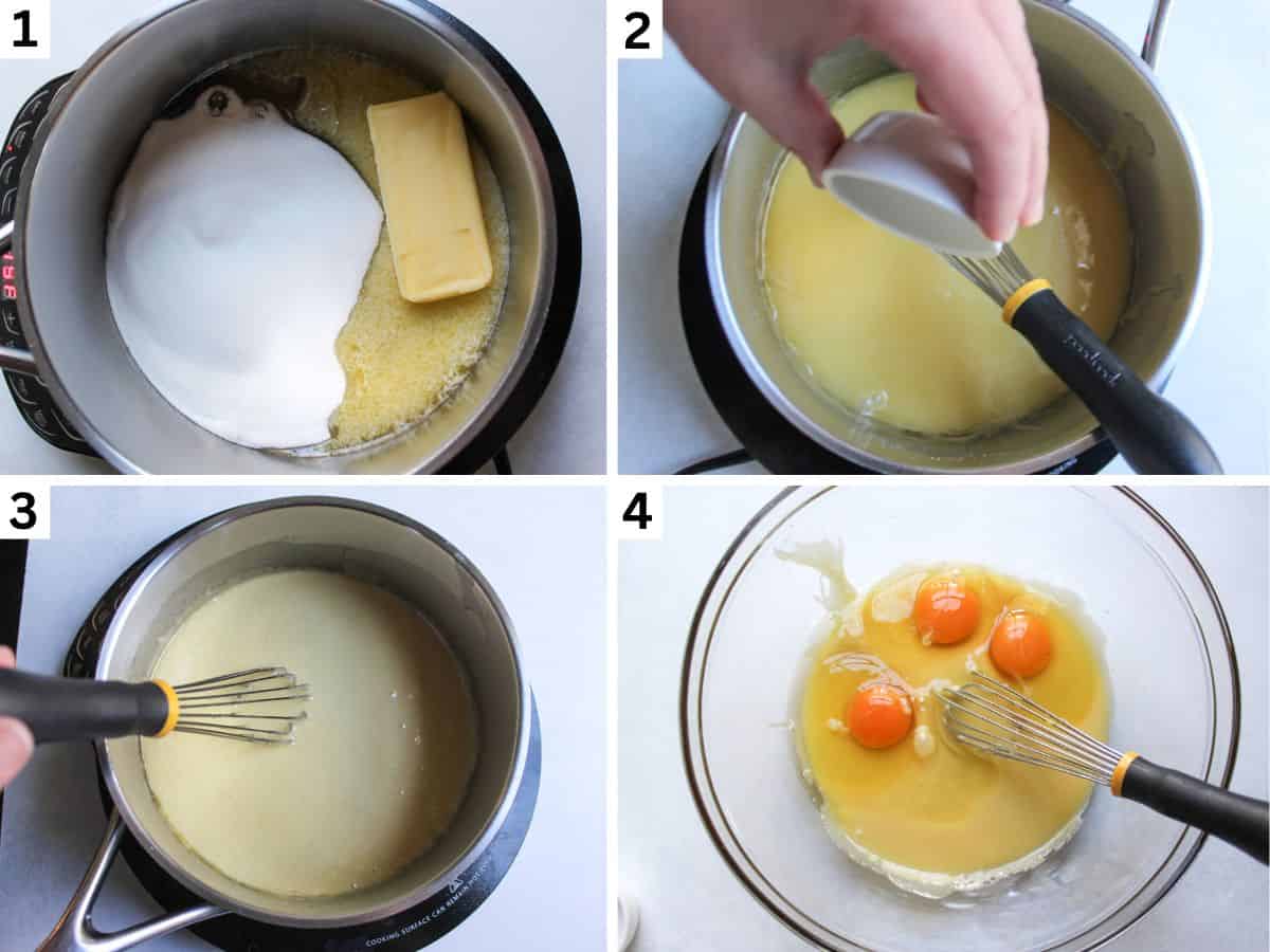4-step collage image, showing how to melt butter, sugar and honey, how to add baking soda and eggs. 