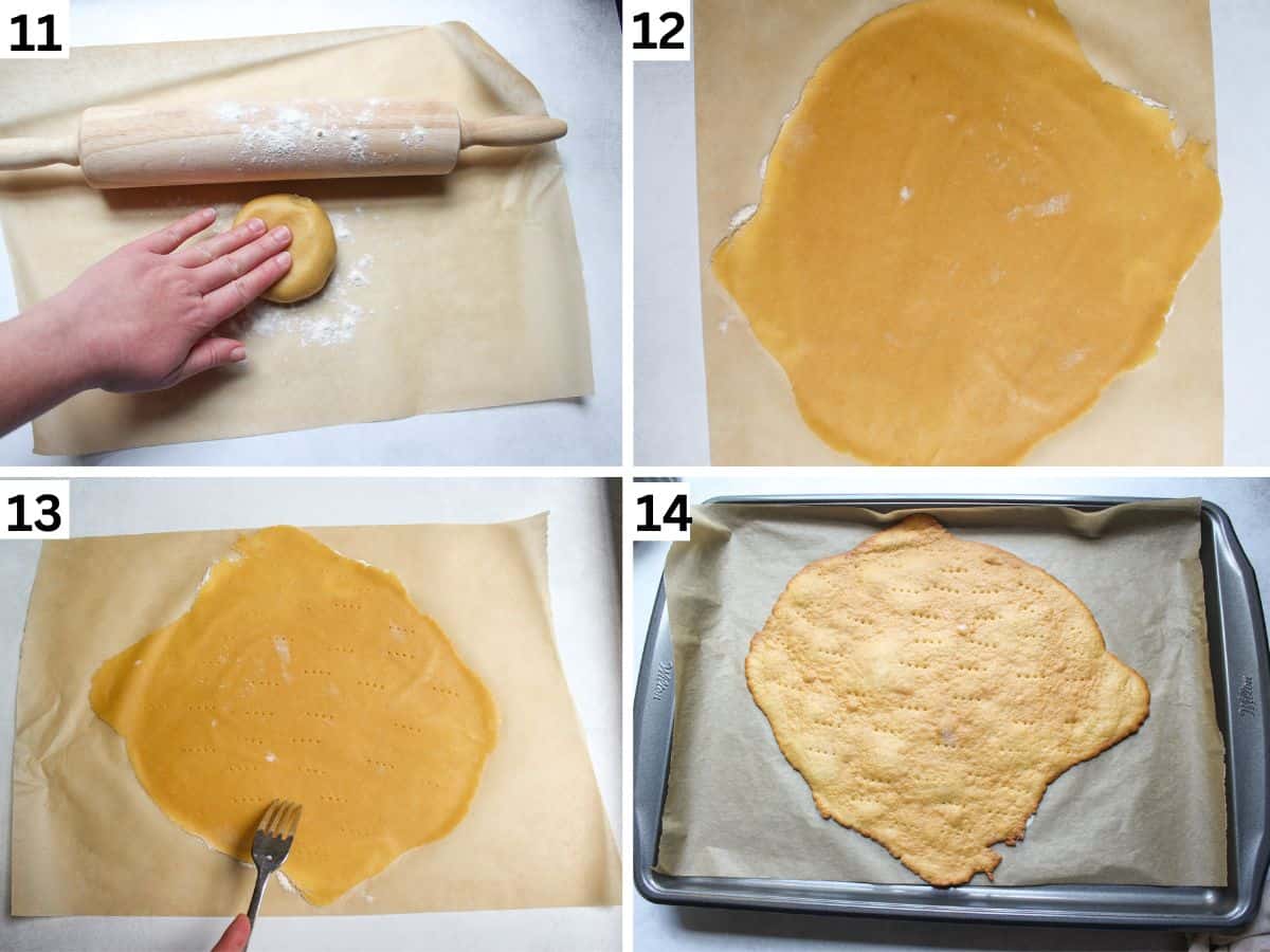 4-image collage showing how roll layers thinly and baking them until golden brown. 