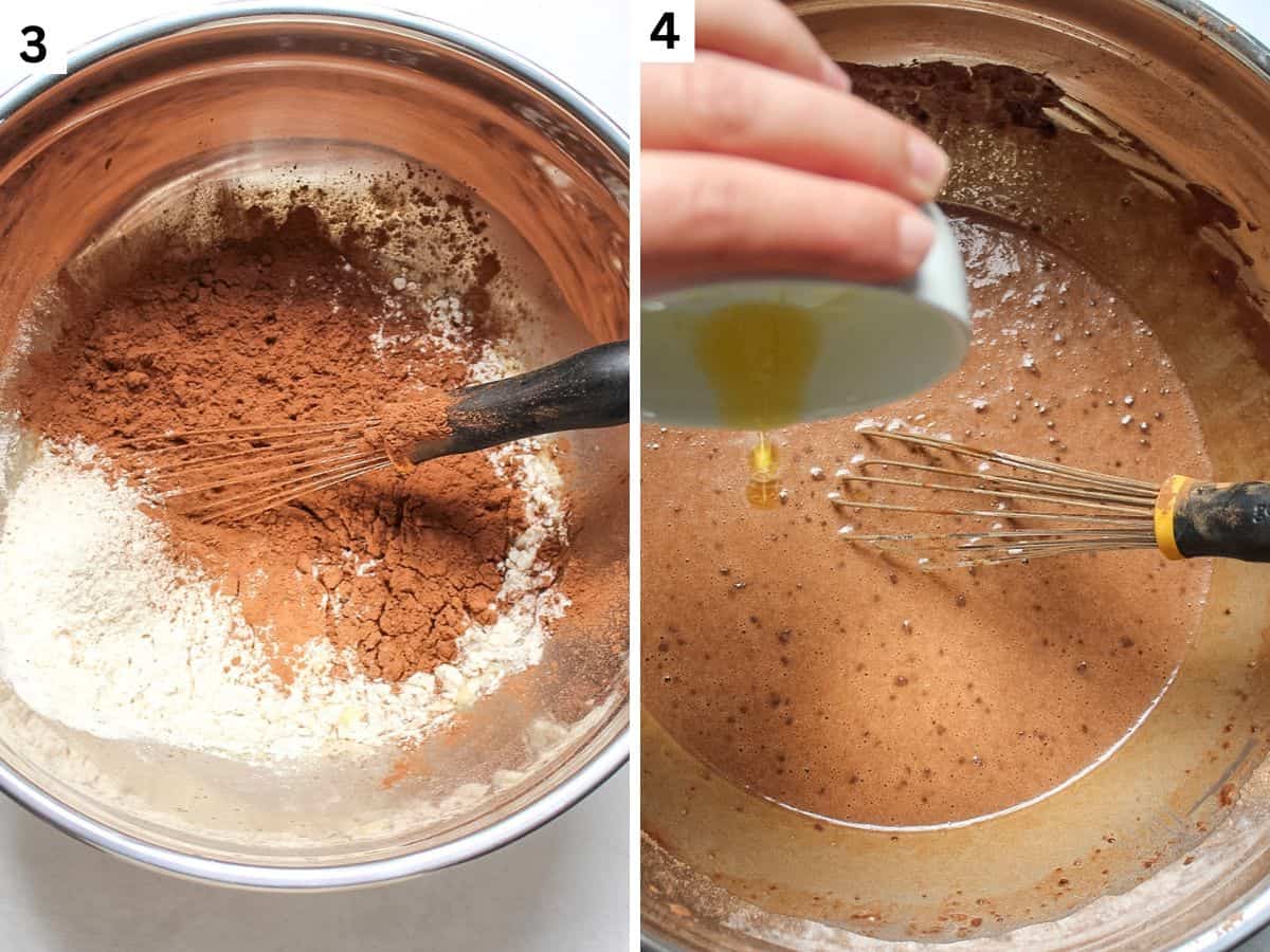 Step 1: Flour and cocoa powder added to the bowl with liquid ingredients. Step 2. Melted butter is added to the mixed crepe batter.