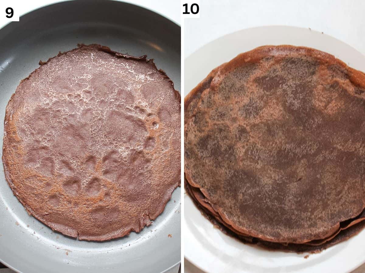 Step 9. cooked chocolate crepe in a skillet. Step 10. Chocolate crepes stacked on a white plate.
