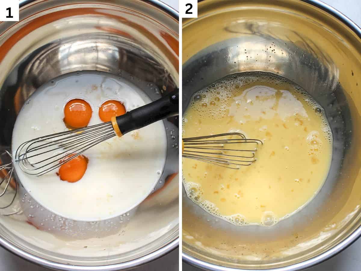 A two-step image. Step 1 showing eggs, milk, sugar, and vanilla in a bowl with a whisk. Step 2 shows the ingredients have been whisked into pale yellow liquid.