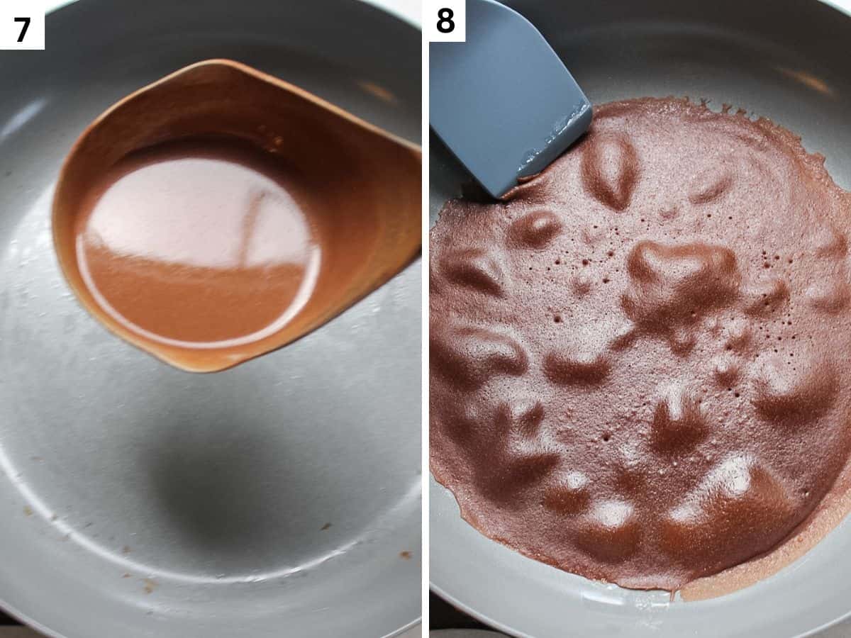 Step 7. Pouring half filled ladle of batter on the hot skillet. Step 8. :lifting the edges on crepe with spatula before flipping.