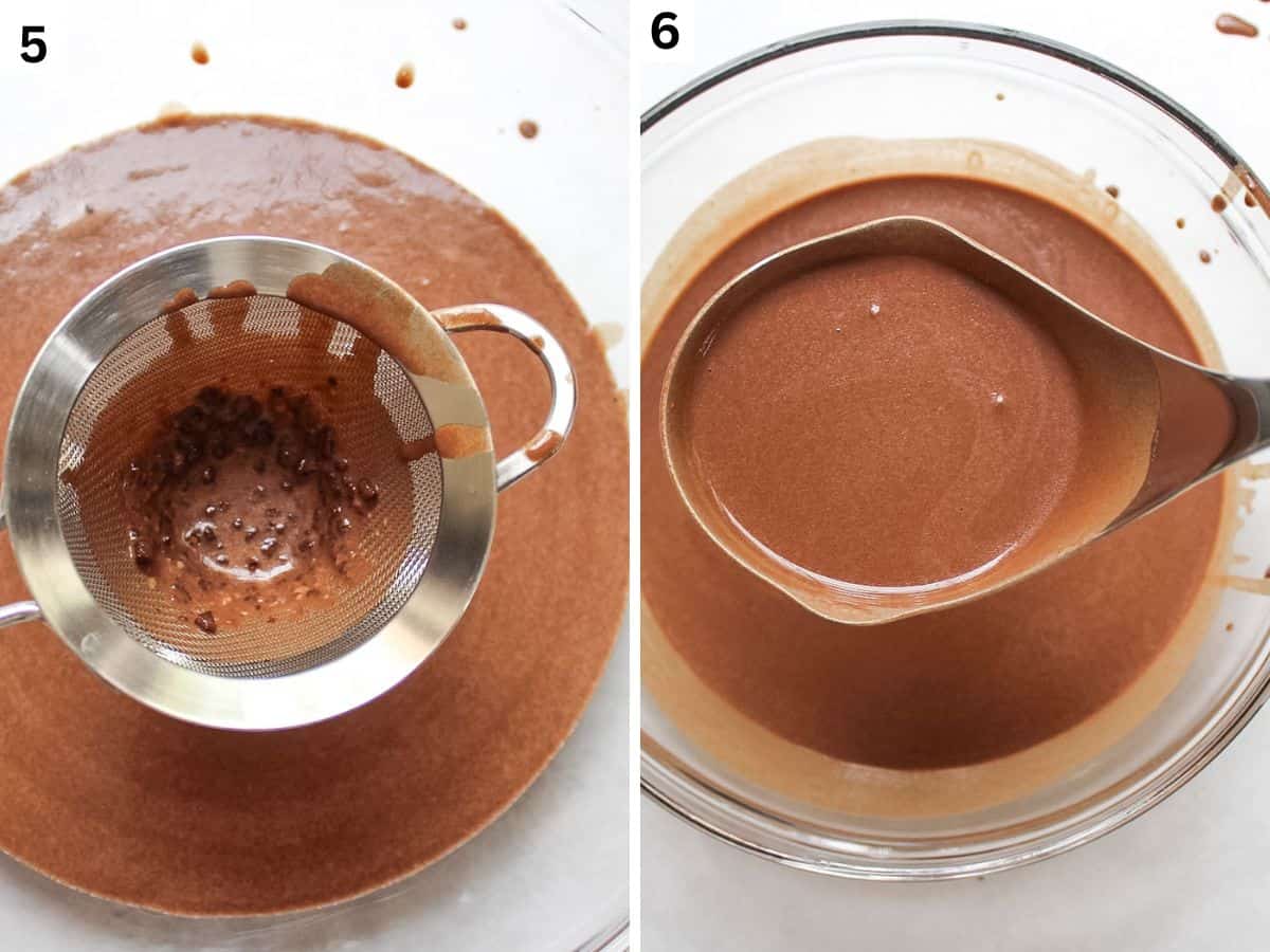 Step 5. Straining the chocolate crepe batter using a fine mesh strainer. Step 6. Silky smooth crepe batter in a glass bowl with ladle.