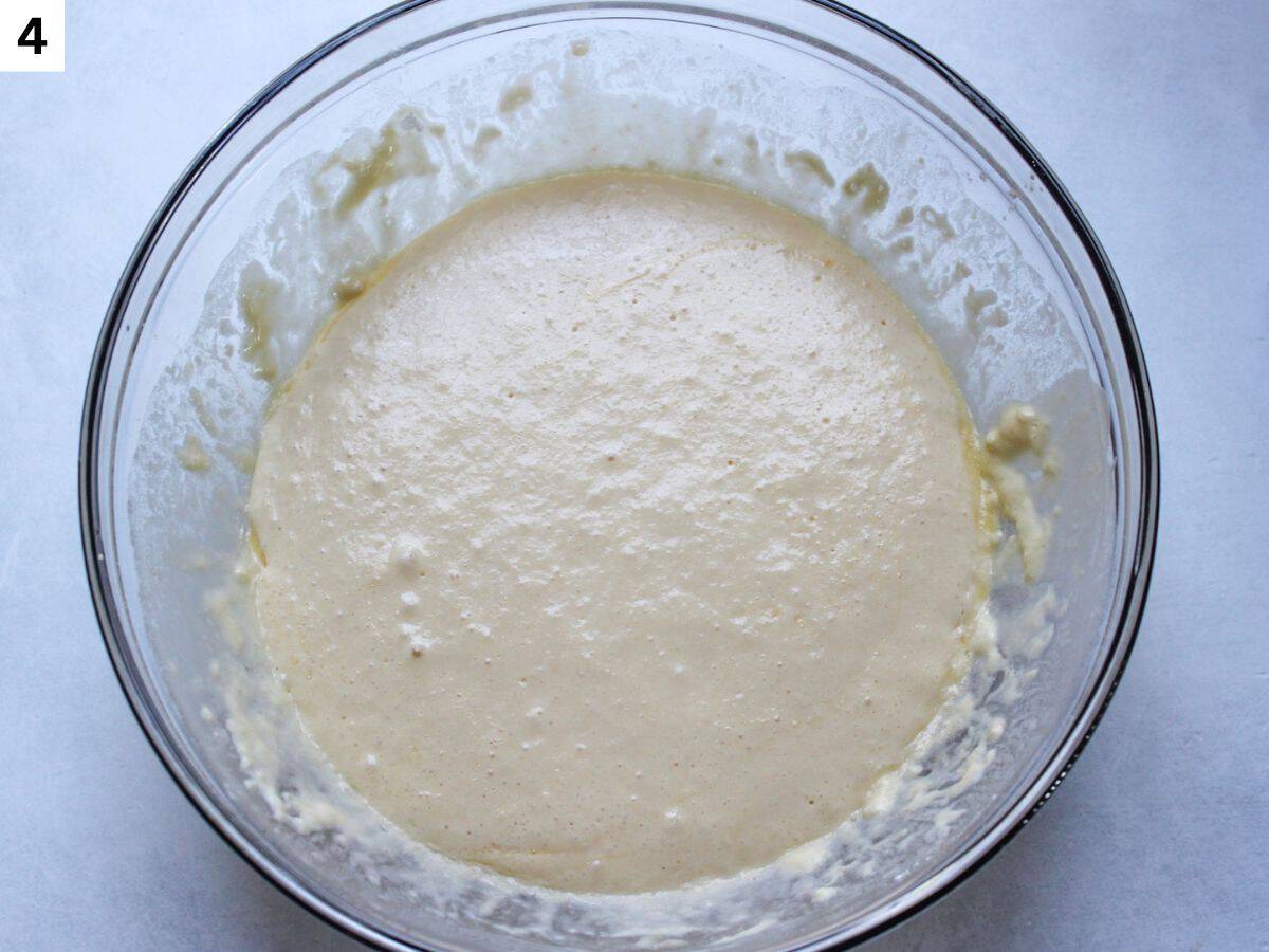 Pancake batter looks more bubbly after resting.