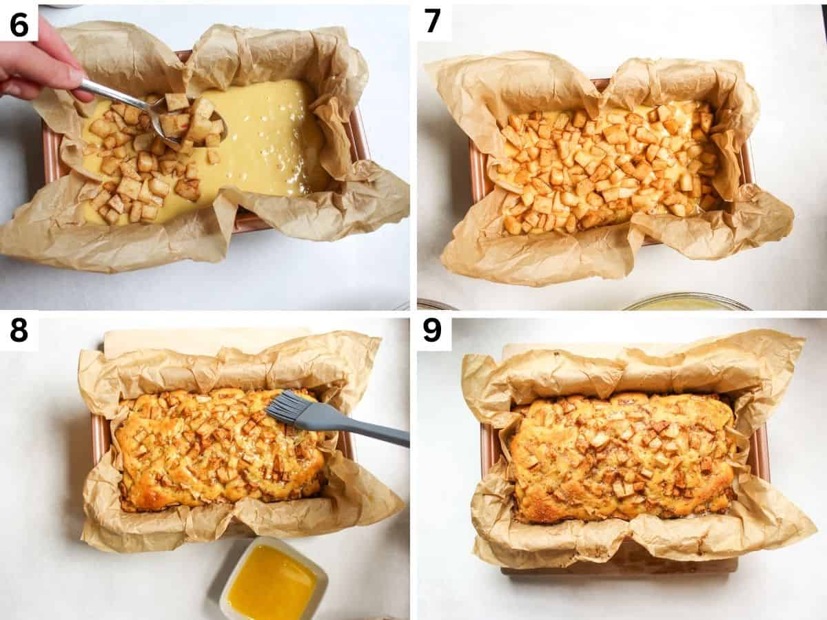 Step-by-step collage showing the batter in a metal loaf pan and diced apples are added on top. 