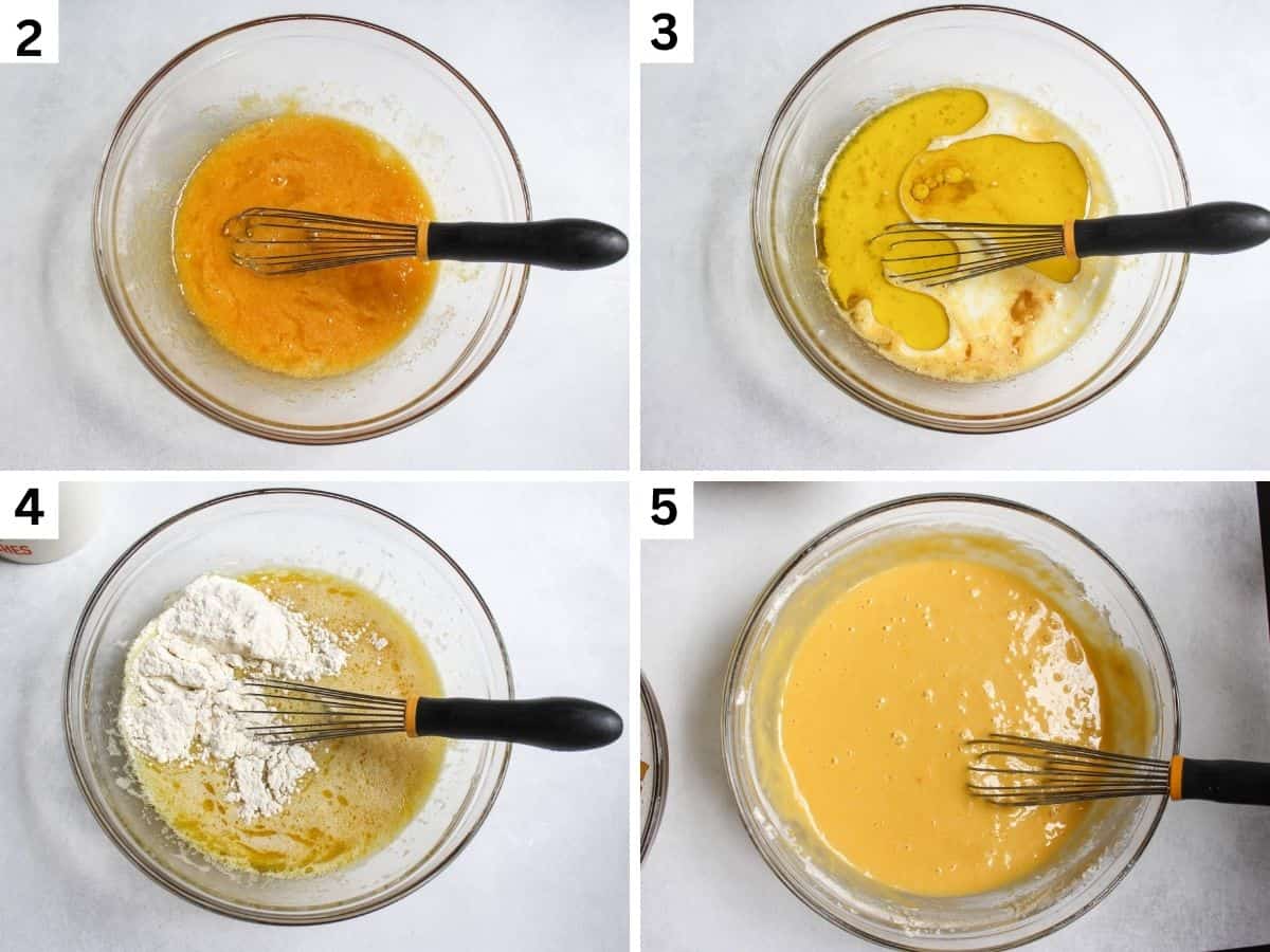 Step-by-step collage showing the process of mixing the apple bread batter in a large glass bowl. 