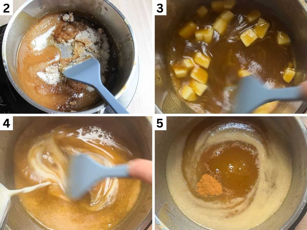 Step-by-step process of cooking caramel sauce with reduced apple cider in a pot. 