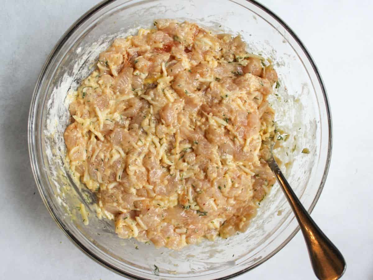 Mixed chicken fritters batter after resting in the fridge.