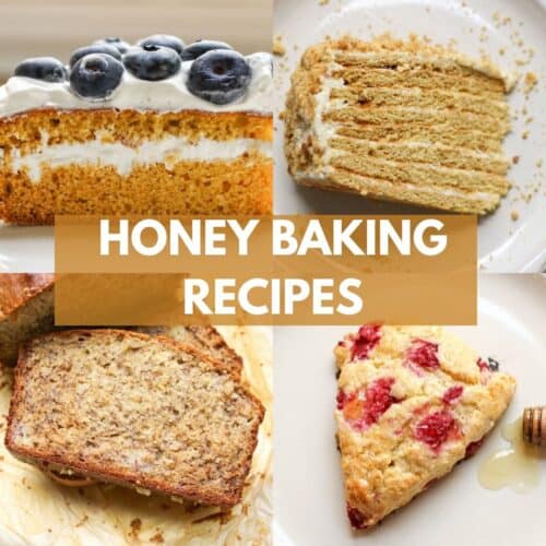 Collage of 4 honey baked goods: Honey sponge, honey layered cake, honey banana bread and honey scones.