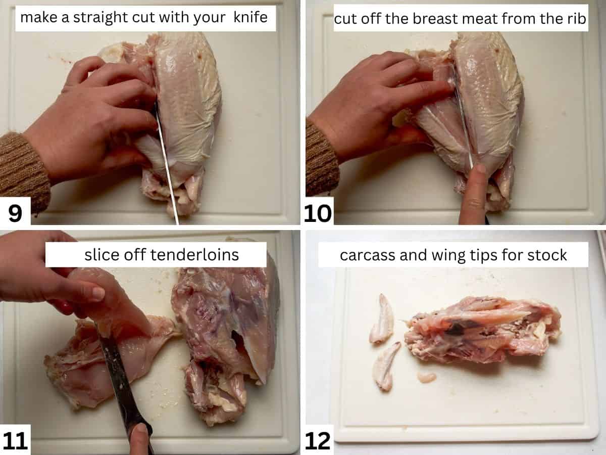 Four-step collage showing how to slice away the whole chicken breasts and remove the inner tenderloins using a boning knife.