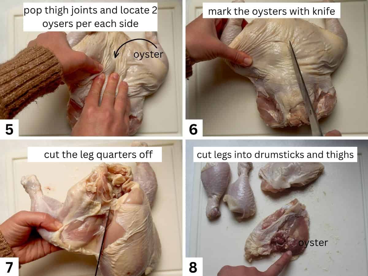 Four-image photo collage demonstrating how to locate, mark the oyster with a knife, and pop and remove the chicken leg quarters.