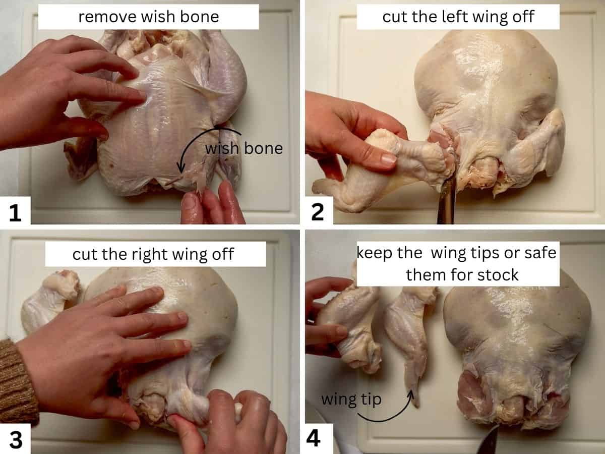 Step-by-step process showing how to remove the wishbone and wings from a whole raw chicken on a cutting board using a boning knife.